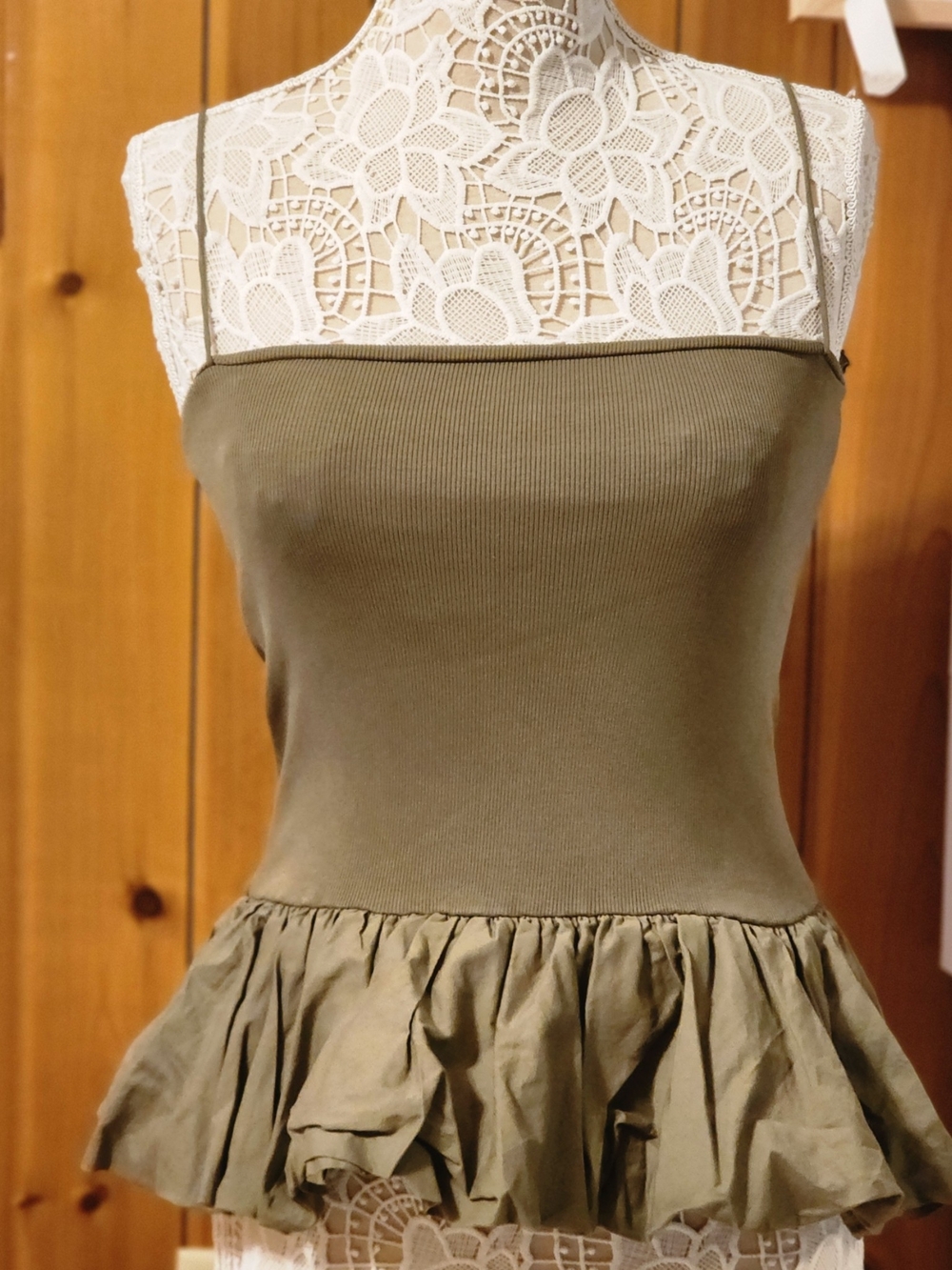 Zara Olive Green Khaki Ribbed Poplin Ruffle Peplum Cami Top